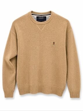 Vintage 90s Tommy Hilfiger Tan Crewneck Sweater Heavy Knit Size L 100% Cotton